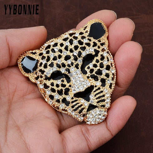 Vintage Black Enamel Spotted Leopard Head Rhinestone Crystal Animal Brooch Pin Lapel Pin Badge...