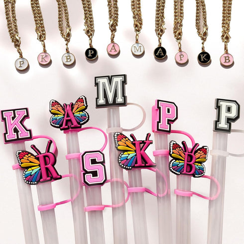 (3+3) 3PCS Straw Cover Cap 30&40 Oz Tumbler, Stanley Straw Topper Letter Straw Cover with 3PCS Letter Charm Chains Stanley Cup Accessories (Letter...