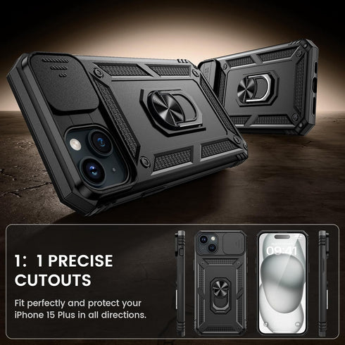 Goton for iPhone 15 Plus Case with Screen Protector - Slide Camera Cover Protective Phone Case with Ring Stand, Heavy Duty Shockproof Rugged Bumpe...