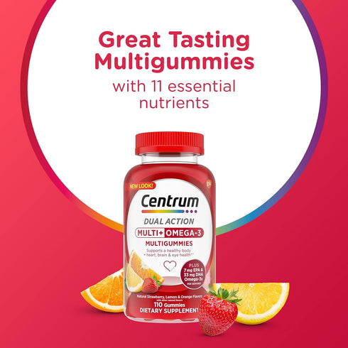 Centrum MultiGummies Multi+ Omega 3 Dual Action, Adult Multivitamin, Multivitamin/Multimineral/Omega 3 Supplement, Strawberry/Lemon/Orange Flavors...