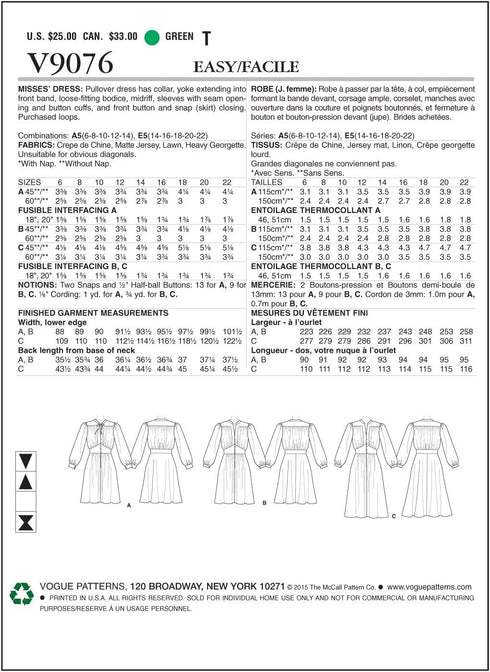 Vogue Patterns V9076 E5 Misses' Gathered Dress with Bishop Sleeves Sewing Pattern, Size 14-22 (9076)...