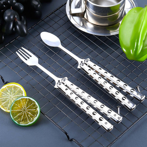 2 Pcs Butterfly Fork and Spoon Set, Tactical Butterfly Spoon Folding Stainless Steel Butterfly Fork for Travel Camping Hunting BBQ Kitchen(Silver)...