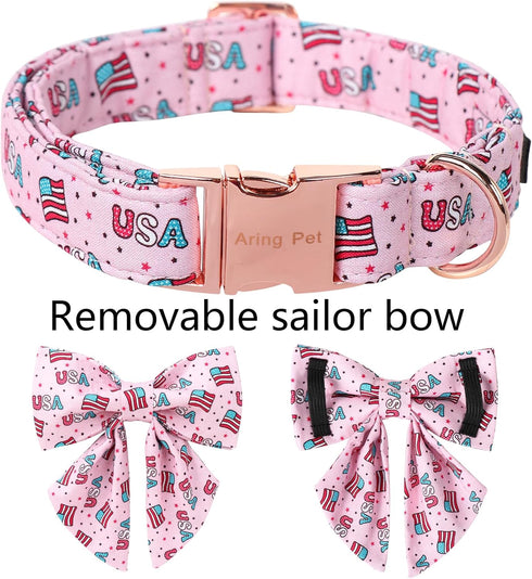 ARING PET 4th of July Dog Collar-Cotton Pink USA Patriotic Dog Collar with Bowtie, Adjustable American Flag Dog Collar Puppy Collars for Small Med...
