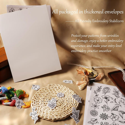 Patemby 50Pcs Water Soluble Embroidery Stabilizers, Stick and Stitch Embroidery Paper with Pre-Printed Flowers and Leaves Pattern Transfers for Ha...