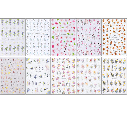 JMEOWIO 10 Sheets Spring Flower Nail Art Stickers Decals Self-Adhesive Pegatinas Uñas Summer Floral Sakura Nail Supplies Nail Art Design Decoratio...