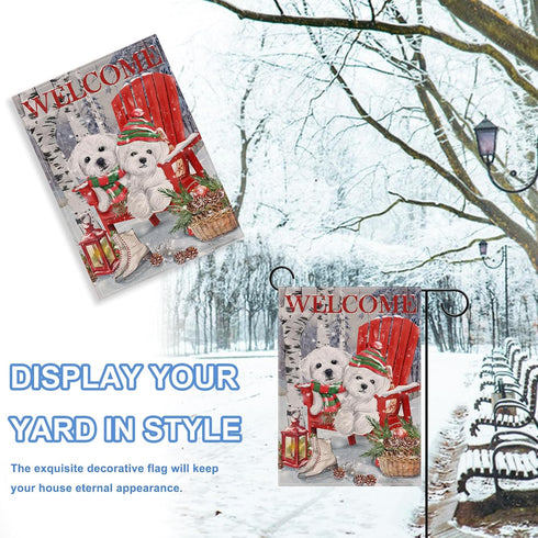 Home Decorative Welcome Winter Bichon Frise Dogs Red Chair Garden Flag, Puppy Pinecone House Yard Ice Skates White Birch Trees Outside Decoration,...