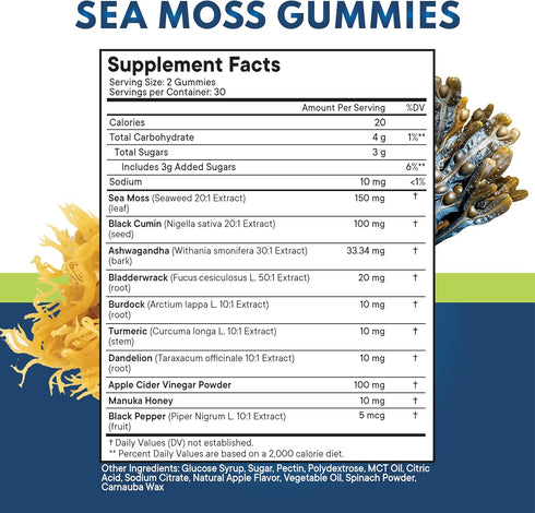 Sea Moss Gummies, Sea Moss 3000mg, Black Seed 2000mg, Ashwagandha 1000mg, Turmeric, Manuka Honey, ACV, Dandelion, Black Pepper, Burdock, Bladderwr...
