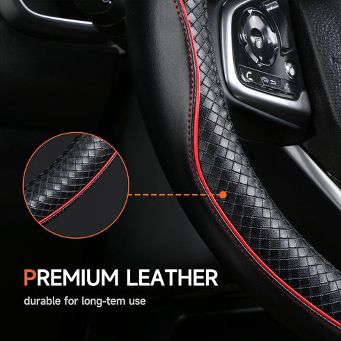 Steering Wheel Cover?Black with Red line?Anti-Slip, Safety, Soft, Sports Style, Leather Steering Wheel Cover, Adaptable to 14.5-15 inches Steering...