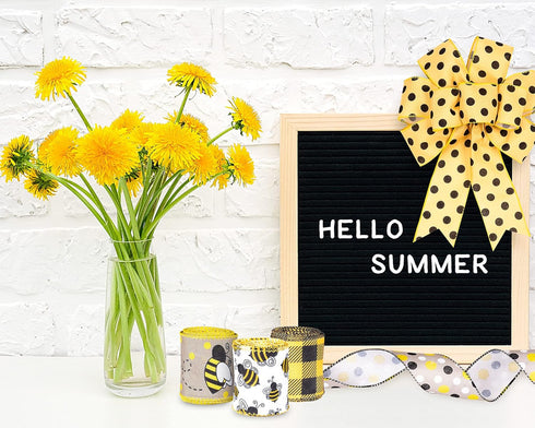 Whaline 30 Yard Bumble Bee Fabric Burlap Ribbon 6 Design Yellow Black Dots Plaid Strip Wired Edge Ribbon Summer Fabric Craft Decorative Ribbon for...