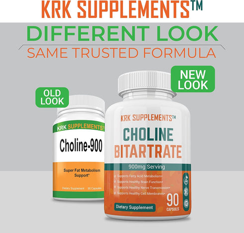 2 Bottles Choline Bitartrate 900mg Per Serving 180 Total Capsules KRK Supplements...