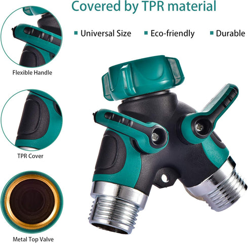 2 Way Hose Splitter Y Connector with Comfortable Rubber Grip and 360 °Rotatable Top Quick Connect Garden Hose Tee Equipment Valve Shut Off (Dark G...