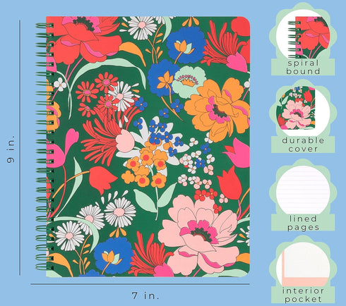 ban.do Green Floral Rough Draft Mini Spiral Notebook, 9" x 7" with Pockets and 160 Lined Pages, Superbloom...