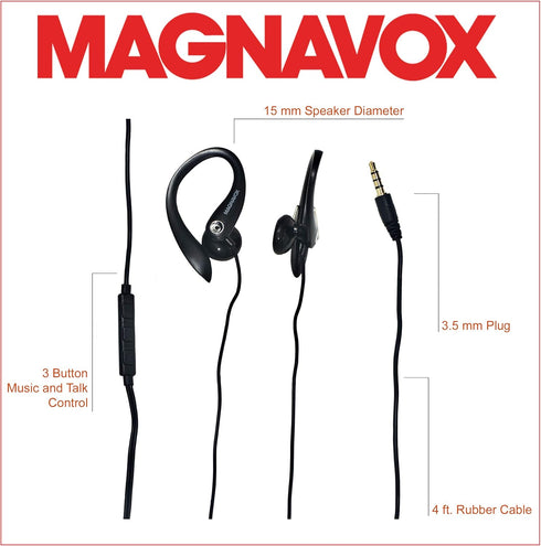 Magnavox MHP4854-BK Earhook Earbuds With Microphone in Black | Available in Black & White | Extra Value Comfort Stereo | Durable Rubberized Cable...