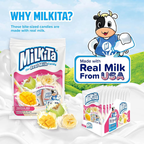 Milkita Creamy Shake Candy Bag, Gluten Free Chewy Candies with Calcium & Real Milk, Zero Trans Fat, Low-Sugar, Tropical Flavors (Banana, Honeydew,...