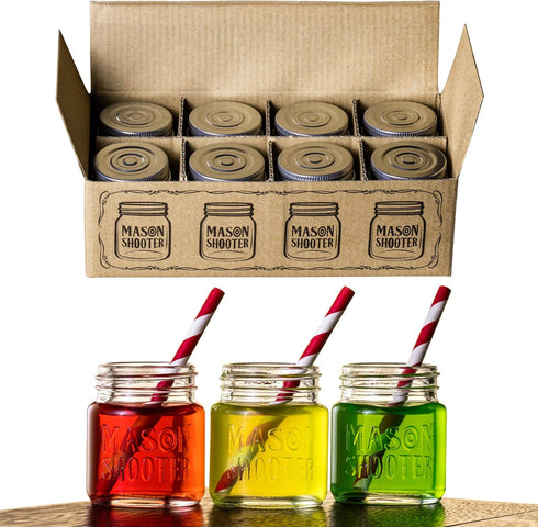 Small Mason Jar Shot Glasses with Lids (8 Pack) Tiny 2 oz Glass Jars with Lids, Ginger & Wellness Mini Shot Bottles, Juice, Tequila, Alcohol, Moon...