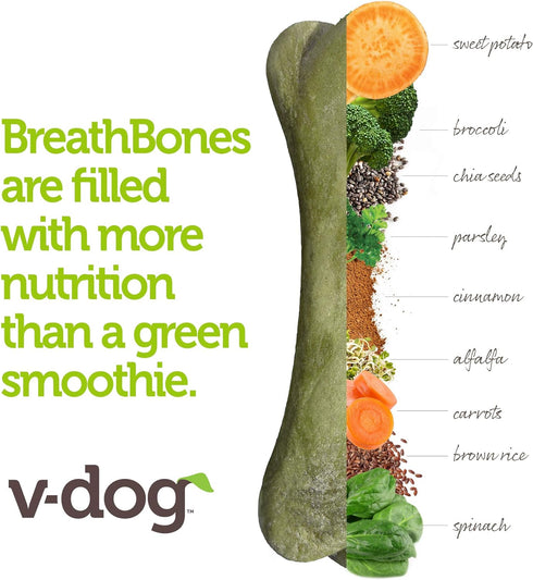 V-dog Dog Treats - Vegan Breathbone Teeth Cleaning Dental Dog Bones - Fresh Breath - 8 Ounces - All Natural - Made in USA - 6 Bones - 4" Long - Ea...