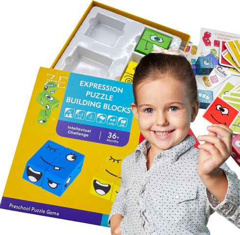 ZE ZONEXPRESS© - Expression Puzzle Building Blocks - Wooden Face Montessori - Face-Changing Magic Cube Challenge and Logical Thinking Training Boa...