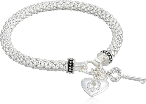 Nine West Women's Boxed Silver Heart Key Stretch Bracelet, Size: 0...