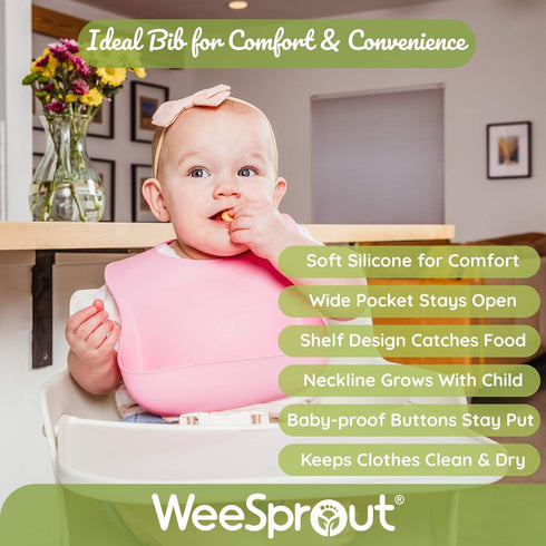 WeeSprout Waterproof Silicone Baby Bibs (Set of 2) | Pocket to Catch Food...