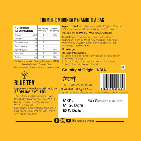 BLUE TEA - Turmeric Tea - Moringa - 15 Count - Pyramid Plant Based Tea Bag | CURCUMIN RICH - HERBAL BLEND | Caffeine Free - Gluten Free - Herbal T...