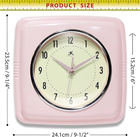 Infinity Instruments Square Silent Retro 9 inch Mid Century Modern Kitchen Diner Retro Wall Clock Quartz Sweep Movement (Pink)...