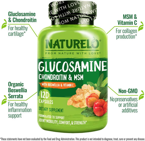 NATURELO Glucosamine Chondroitin MSM with Boswellia and Vitamin C - Joint Support Supplement - 120 Capsules...