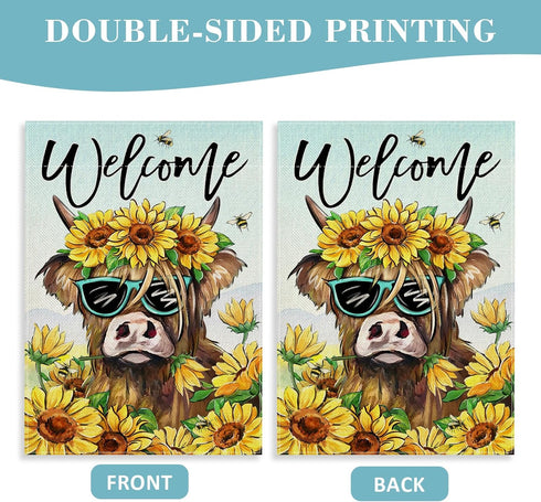 Welcome Spring Summer Highland Cow Decorative Garden Flag, Farm Animal Sunflower Floral Flower Yard Outside Decorations, Bee Farmhouse Rustic Outd...