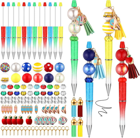 MotiMind 113 Pcs Welcome Back to School Beadable Pen for Kids Teacher Beadable Pens First Day of School Pens Classroom Gifts Making Kit Beaded Bal...