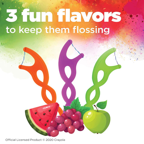 GUM Crayola Twistables Kids Flossers with Fluoride - Designed for Little Hands - Three Fun Fruit Flavors - Easy to Use Kids Floss Picks for Childr...