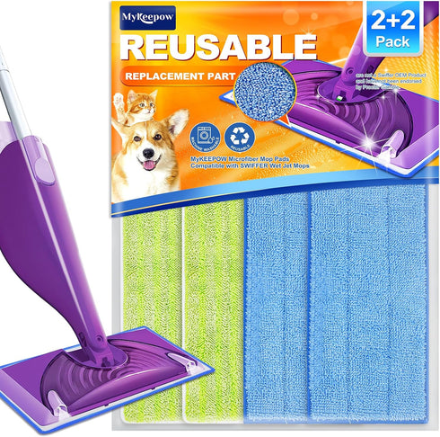 Reusable Mop Pads Compatible with Swiffer WetJet Mop, MyKEEPOW Wet Jet Refills Pads for Floor Cleaning, 4 Pack, Green+Blue...