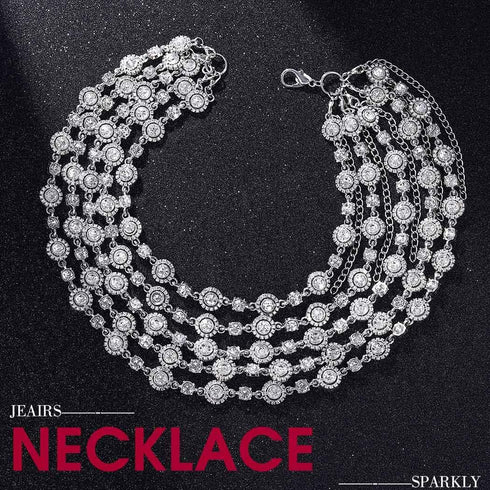 Jeairts 1920s Layered Rhinestone Collar Necklace Silver Sparkly Crystal Bride Wedding Necklaces Jewelry for Women...