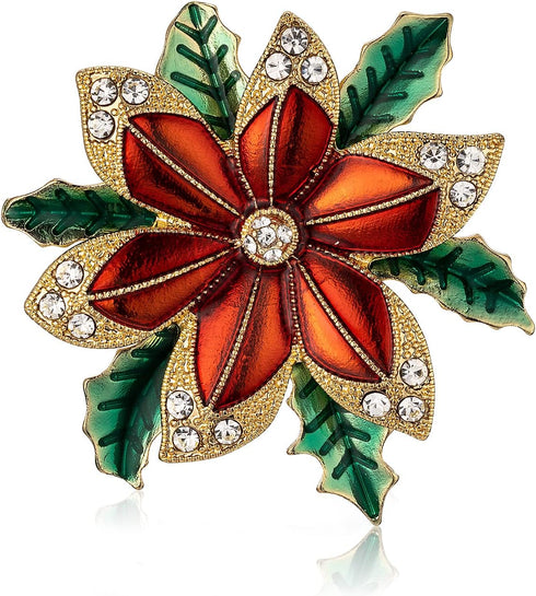 RareLove Vintage Christmas Poinsettia Brooch, Red with Green Leafs Poinsettia Flower Wreath CZ Rhinestone Crystal Christmas Pins and Brooches for ...
