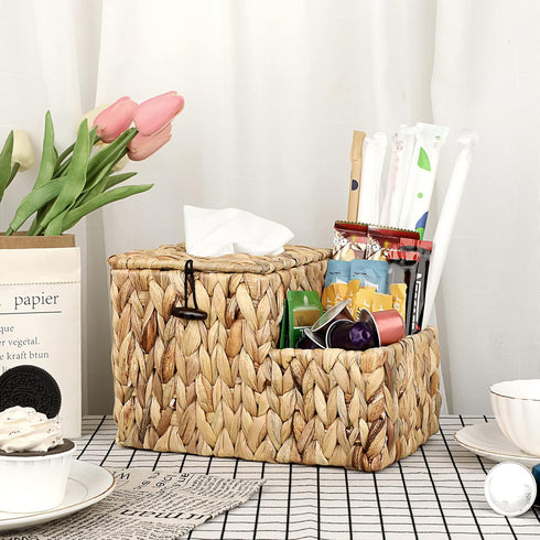 Sumnacon Square Woven Tissue Box Cover - Decorative Cube Wicker Tissue Box Holder with Side Organizer, Rustic Water Hyacinth Tissue Holder for Liv...