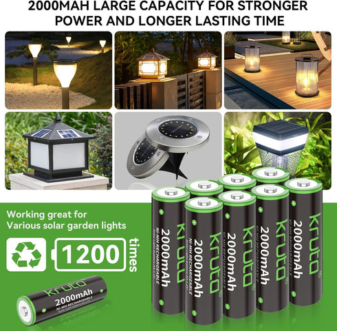 Kruta Ni-MH AA Rechargeable Batteries 2000mah, Double A High Capacity 1.2V Pre-Charged for Garden Landscaping Outdoor Solar Lights, String Lights,...