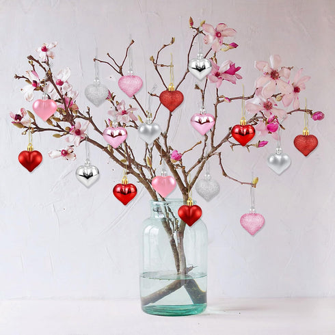 36Pcs Valentines Heart Shaped Ornaments - Valentines Heart Decorations - Red Pink Silver Glitter Heart Shaped Baubles - Romantic Christmas Valenti...