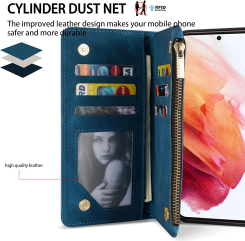 ZZXX for Samsung Galaxy S21 Wallet Case with Card Slot Premium Soft PU Leather Zipper Flip Folio Wallet with Wrist Strap Kickstand Protective for ...