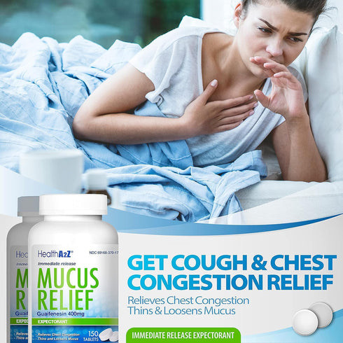 HealthA2Z® Mucus Relief | Guaifenesin 400mg | Immediate Release | Expectorant (150 Counts)...