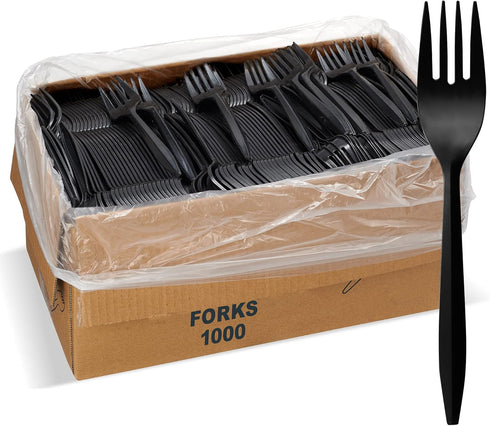 1,000 Plastic Disposable Forks Bulk Black Medium Weight Disposable Silverware Plastic Cutlery Fork...