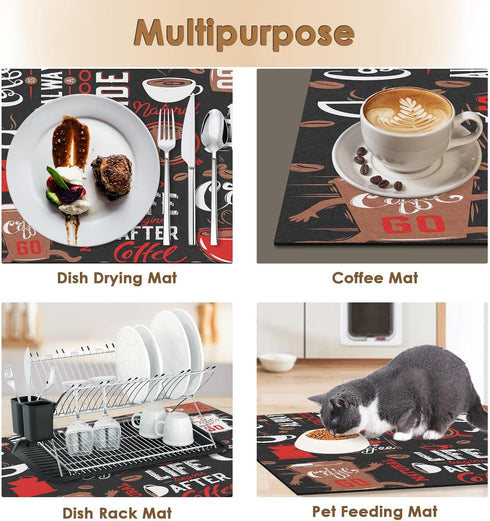 Coffee Mat for Countertops, Funny Abstract Cartoon Red Dish Drying Mat 2 Pcs for Kitchen Coffee Bar Accessories, Coffee Maker Espresso Machine Dis...