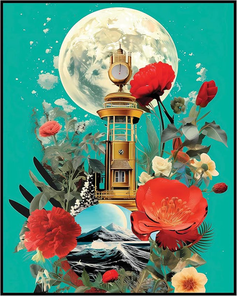 Posterizer 1 pcs-watchtower-landscapes and flowers-retro collage-Abstract & Modern Art-Floral & Botanical Art-Gift for Art Lovers- UNFRAMED Wall A...