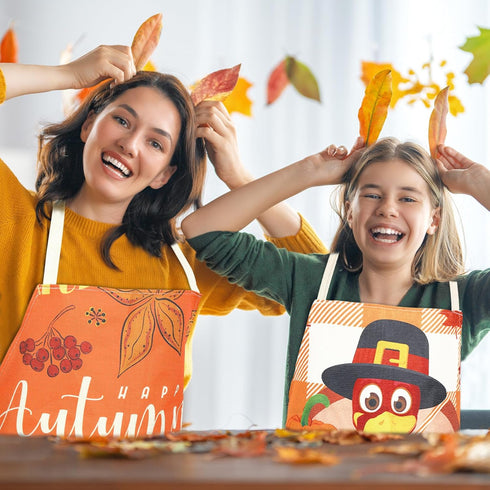 Whaline 4Pcs Fall Thanksgiving Aprons 4 Design Autumn Waterproof Chef Cooking Aprons Gnome Pumpkins Turkey Adjustable Aprons Fall Kitchen Collecti...