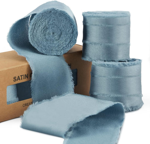Dusty Blue Silk Ribbon, Satin Chiffon Frayed Fabric Ribbons for Gift Wrapping Crafts Flower Bouquets Wedding Invitation Decor Baby Shower 1-1/2 in...