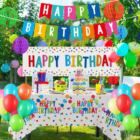 Happy Birthday Decorations Kit: Happy Birthday Banner,Birthday Dots Design Plastic Backdrop, Circle Confetti Garland, Swirl Streamers, Honeycomb B...