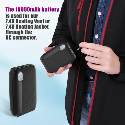 Power Bank for Heated Vest and Heated Jacket, 10000mAh Rechargeable Battery with 7.4V DC Port and USB A Port, Compact Charger with LED Screen for ...