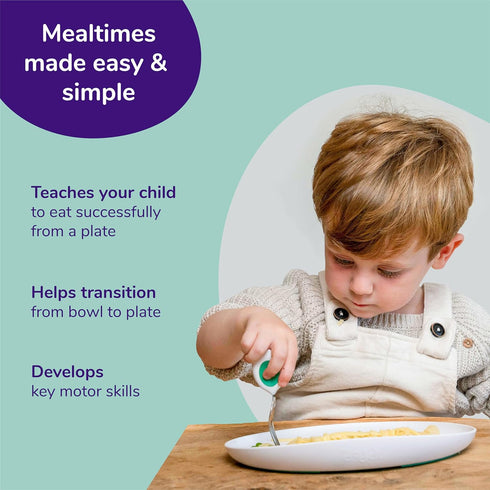 doddl Baby and Toddler Plate, Non-Slip Base, Ergonomic Toddler Dishes for Self Feeding, 1-3 Year Olds, Dishwasher Safe, BPA Free (White & Aqua)...