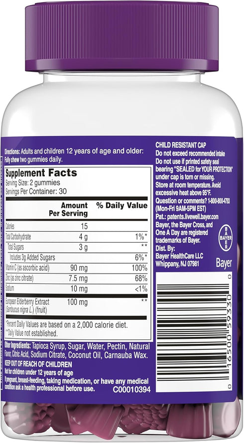 One A Day Elderberry Gummies with Immunity Support from Vitamin C and Zinc, Gluten Free Immune Support Gummies, Elderberry Gummies for Adults, 60 ...