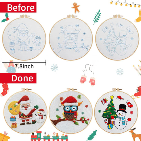 Nuberlic 3 Pc Christmas Embroidery Kit for Beginner Adults Kids with Santa Snowman Owl Patterns Stamped Cross Stitch Kits with 3 Embroidery Hoops ...
