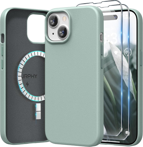 SURPHY Designed for iPhone 15 Leather Case with Screen Protector Compatible with MagSafe, Faux Leather Case (Metallic Buttons & Microfiber Lining)...