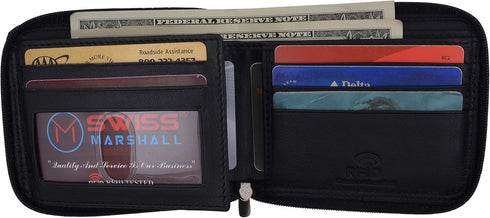 Men's Zipper RFID Blocking Premium Leather Zip-Around ID Bifold Wallet (Black)...