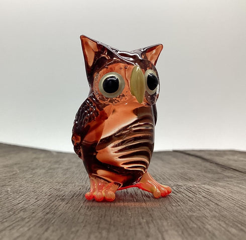 Garden Deco Glow in The Dark Brown Owl Standing Hand Blown Art Glass Figurine Ornament Sculpture...